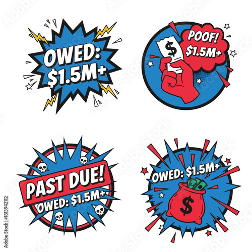 Comic book style illustration showing debt and financial problems with the words 'owed' and 'past due'
