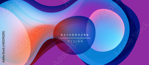 Abstract fluid shapes blend, creating vibrant gradients. Purple, blue, orange hues dominate design. Modern aesthetic, dynamic composition.