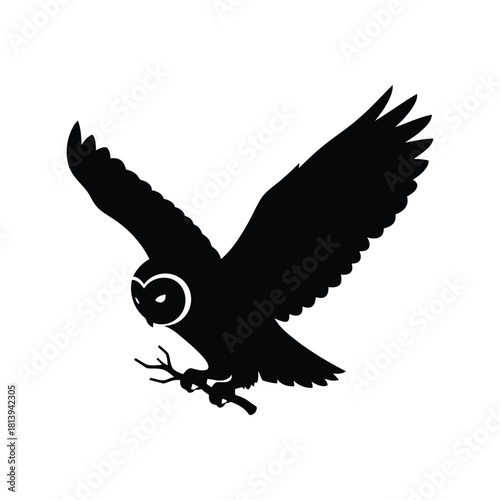 Black owl silhouette flying bird nocturnal predator wildlife nature isolated on white background