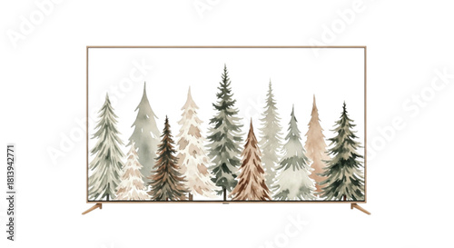 Neutral Watercolor Pine Forest Landscape in Wooden Frame Illustration