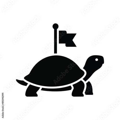 Turtle with flag icon slow progress symbol persistence concept journey achievement isolated on white background