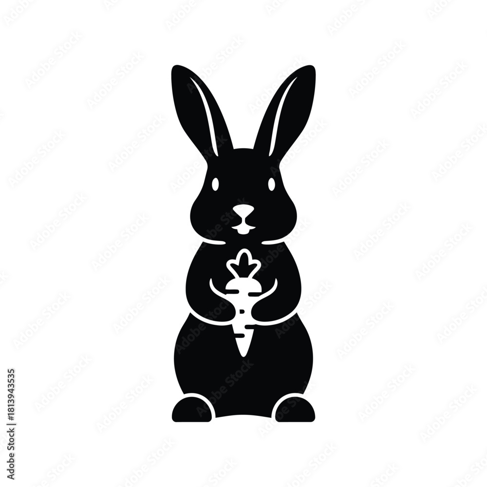 Obraz premium Black rabbit holding carrot silhouette cute bunny illustration easter icon isolated on white background
