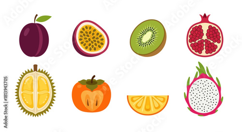 Assortment of exotic fruits sliced and whole with vibrant colors