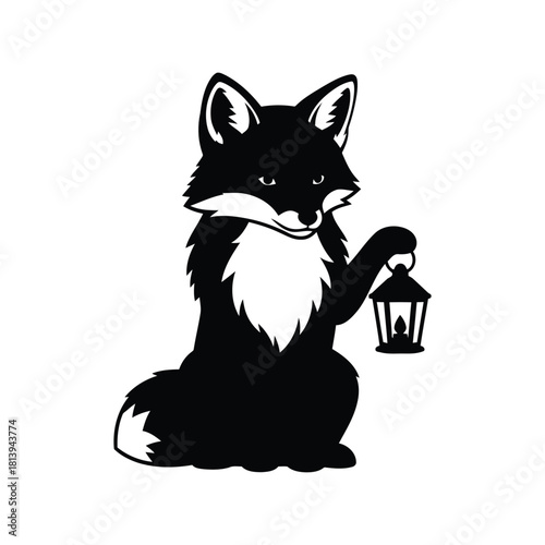 Black fox silhouette holding lantern woodland creature nocturnal animal whimsical illustration isolated on white background