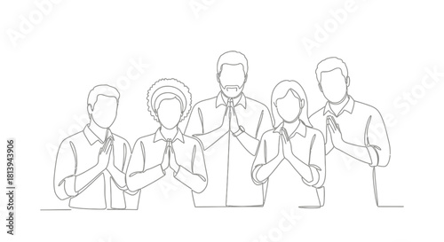 A continuous line drawing illustration of a diverse group greeting with respect
