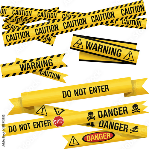 Isolated a kinds of deferent Caution tape set of yellow warning ribbons. vector art with white background.