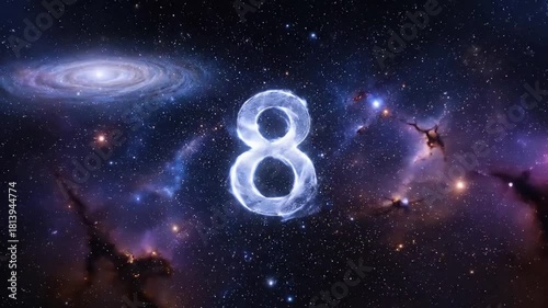 The subtle yet powerful transition of galactic patterns, evolving to reveal a prominent countdown sequence against a deep space canvas. Wide shot showcasing the vastness of space.