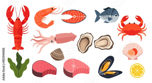 Assortment of fresh seafood illustrations for culinary and commercial use