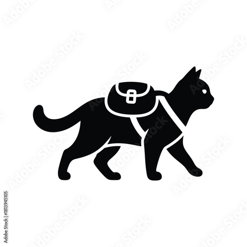 Black cat wearing backpack vector illustration pet travel gear animal adventure icon isolated on white background