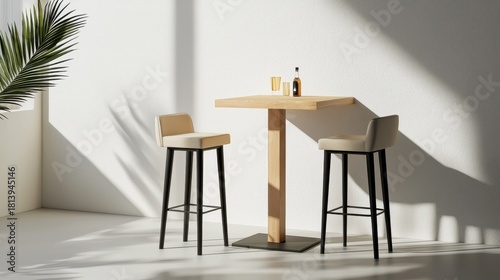 Modern Minimalist Bar Table with Two High Chairs in Bright Room