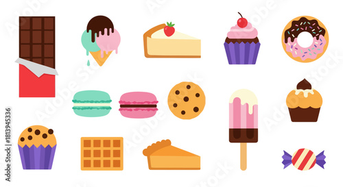Assortment of sweet treats and desserts in colorful flat vector illustration