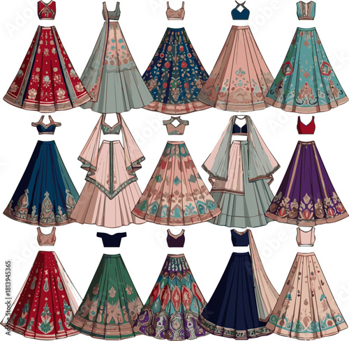 Isolated kinds of different modern weeding lehenga vector art with white background..