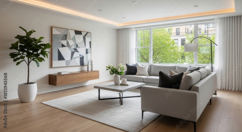 Fototapeta premium Modern Living Room Interior Design - Bright, modern living room with neutral tones, hardwood floors, a large window, and contemporary decor