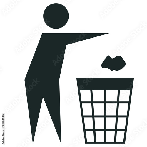Here’s a clean, professional Adobe-stock–style description for the image:
A simple, minimalist black-and-white icon depicting a person throwing waste into a trash bin. The figure is shown in a stylize