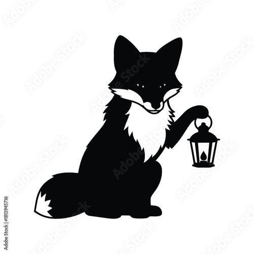 Black fox holding vintage lantern illustration woodland creature nocturnal animal isolated on white background