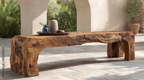 Rustic wooden bench with natural edge rests on outdoor patio.
