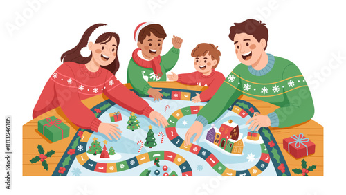 Christmas Game Time: A family revels in the joy of Christmas, gathering around a festive board game and reveling in the shared moments of the holiday season. 
