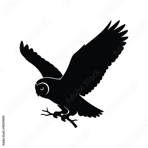 Black owl silhouette flying with outstretched wings nocturnal bird isolated on white background