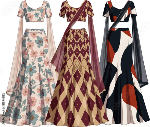 Isolated kinds of different modern weeding lehenga vector art with white background..