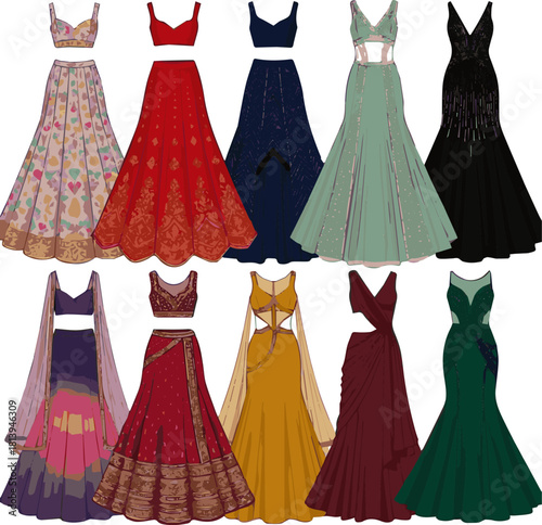 Isolated kinds of different modern weeding lehenga vector art with white background..