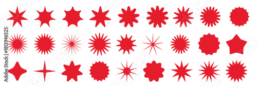 Set of red starburst on transparent background. Price sticker, sale sticker vector collection.