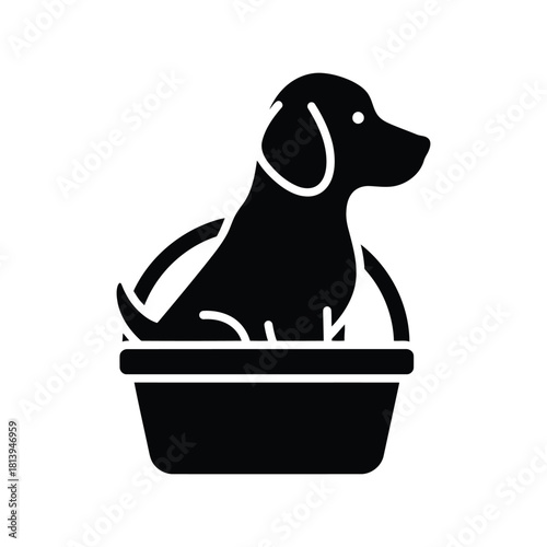 Dog in basket silhouette pet grooming icon animal care symbol canine transport isolated on white background