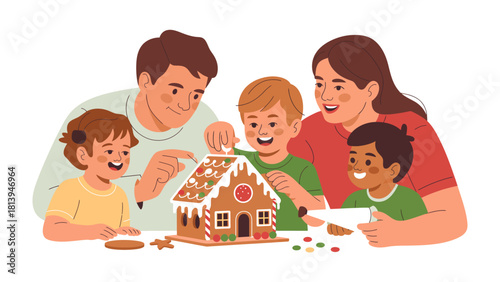 Holiday Crafting Together: A happy family collaboratively decorates a gingerbread house, a symbol of seasonal cheer and shared joy. Capturing the spirit of togetherness, creativity.