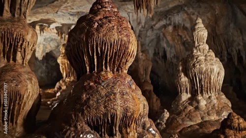 Time lapse sequence illustrating the subtle, continuous dripping water and mineral accretion responsible for stalagmite development over geological time.