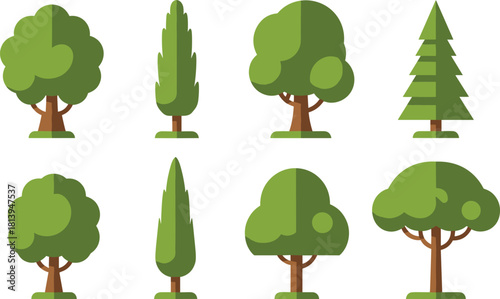 Set of flat green trees vector, nature icons collection, forest plants illustration, oak pine cypress symbols, landscape design elements, garden.