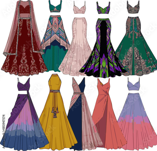 Isolated kinds of different modern weeding lehenga vector art with white background..