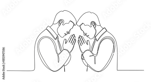 Continuous line drawing of two men praying together showcasing unity and spirituality