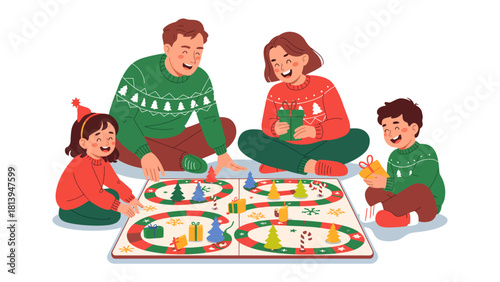 Festive Family Fun: A cheerful family gathering around a board game during the holiday season, embodying the spirit of togetherness, joy, and the simple pleasures of shared moments.