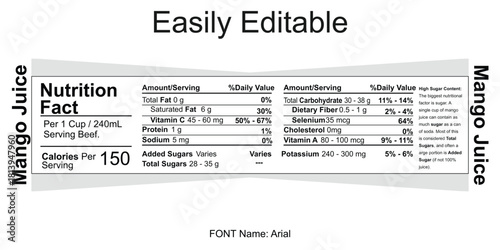 Mango Juice Nutrition Facts Label Per Cup Serving With Calories And Sugar Content serving size