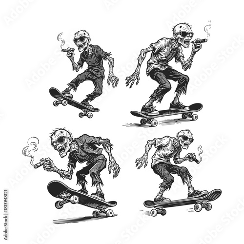 Edgy vintage engraving style illustration set featuring a cool zombie or skeleton figure skateboarding, smoking a cigar, and wearing sunglasses
