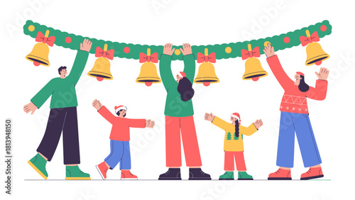 Family Christmas Garland: A joyous family adorns a festive garland with bells and bows, preparing for a season of warmth, togetherness, and cherished memories. 
