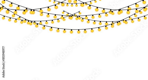 Festive string lights illustration with warm yellow bulbs on a white background for celebrations