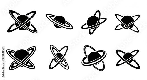 Planetary Ring Silhouette Vector Showing Orbital Shape Variations — Narrow, Wide, Tilted, Double Ring

