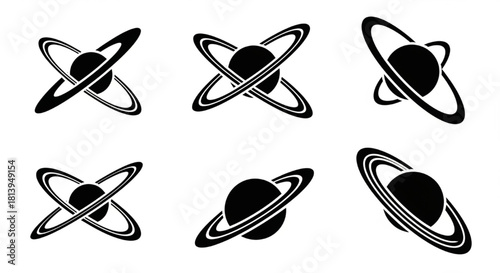 Planetary Ring Silhouette Vector Showing Orbital Shape Variations — Narrow, Wide, Tilted, Double Ring

