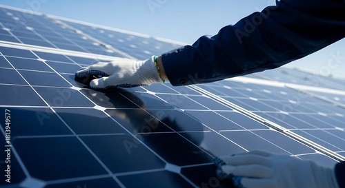 A gloved hand carefully adjusts or inspects a grid of solar panels against a clear sky.