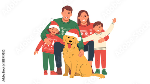 Cozy Family Holiday Portrait: A warm family embraces the festive spirit, posing with their cheerful canine companion amidst the holiday season, radiating love, joy, and togetherness.