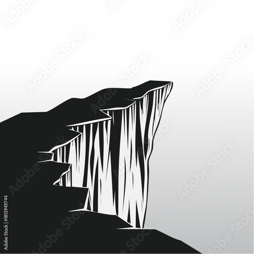 Black and white vector illustration of a cliff edge against a gradient background landscape