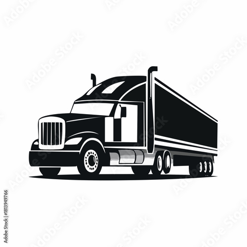 Black and White Vector Illustration of a Semi-Truck for Transportation Industry