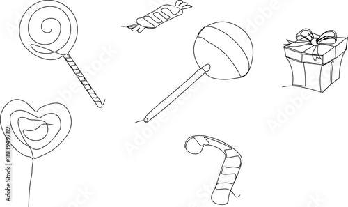Continous single line multiple candies and party vector. Minimal line lolipop, sweet candy, classic striped candy stand upright. Party vector collection and celebration.