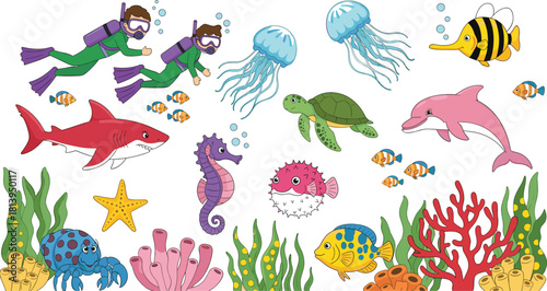 Colorful underwater sea life illustration with divers, sharks, dolphins, jellyfish, turtles, seahorses, coral, and tropical fish for educational or children's design projects