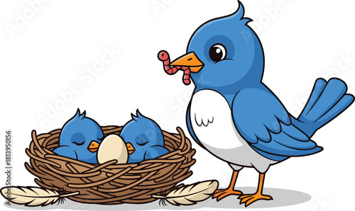 Cute blue mother bird feeding her baby chicks in a cozy nest with an egg, symbolizing parenting, care, nature, and family love for educational or spring-themed designs