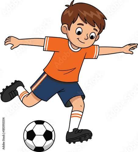 Cute cartoon boy playing soccer in an orange jersey, kicking a ball with focus and joy, perfect for sports, kids’ activities, or athletic vector illustrations for teams and education