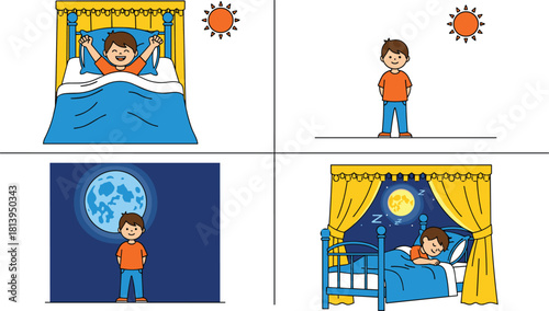Cute cartoon boy’s daily routine showing morning wake up, daytime activities, evening wind down, and nighttime sleep, ideal for kids’ education or bedtime story vector illustrations