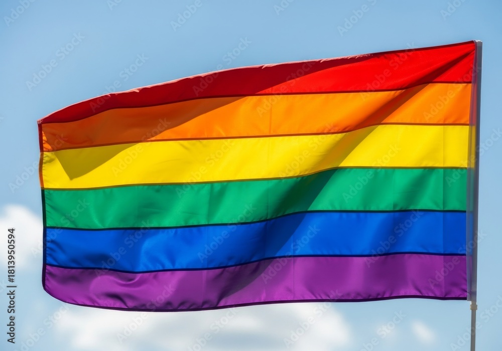Obraz premium Rainbow Pride Flag Against Sky - A rainbow flag against a clear blue sky. Symbolizing diversity, acceptance, hope, pride, and equality