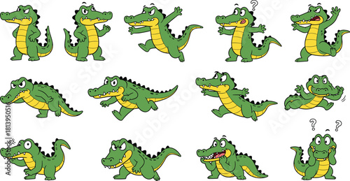Cute cartoon crocodile character set with multiple expressions and poses, perfect for animation, children's books, or educational materials in vector illustration format