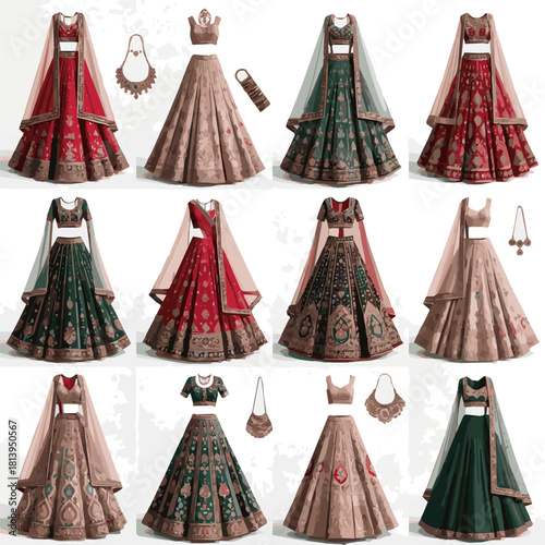 Isolated kinds of different modern weeding lehenga vector art with white background.